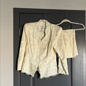Elegant Cream Lace Blazer and Skirt Set